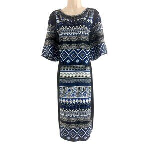Long Tall Sally Black Blue Mixed Print Jeweled Neckline Sheath Dress Size 18 2X
